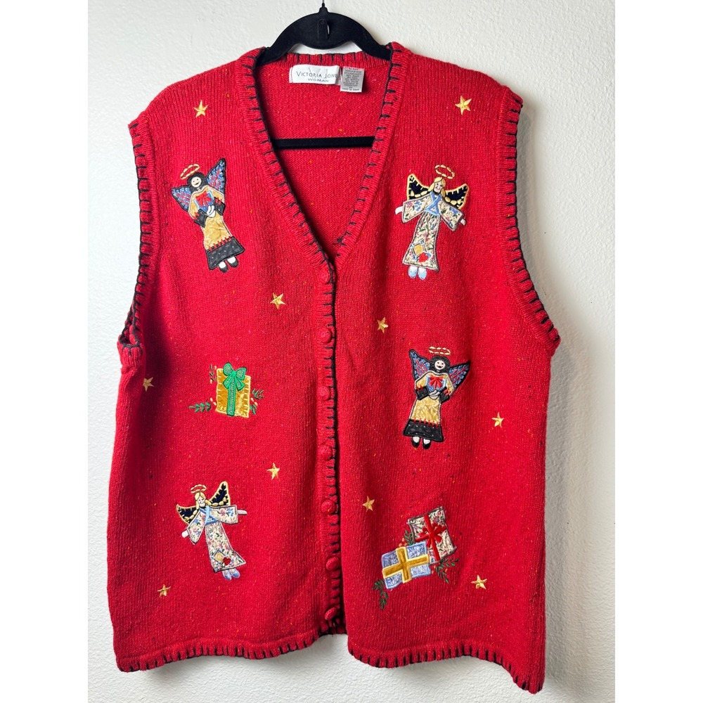 Victoria Jones Woman Red Christmas Sweater Vest Angel Embroidery Plus 2X Vintage